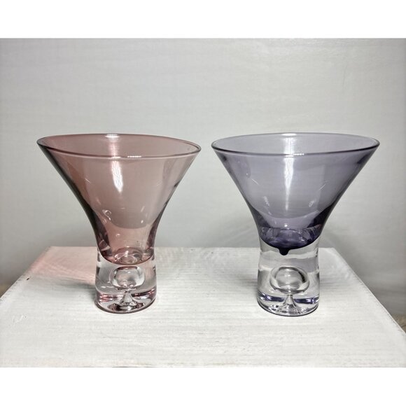 Vintage Scandinavian Martini Glasses Purple Pink Clear Bubble Base Modern Decor - Picture 2 of 9
